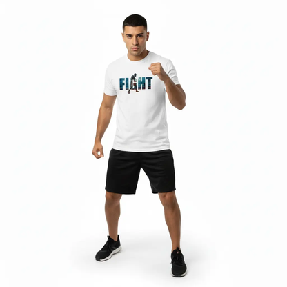 Fighters Corner white 'FIGHT' t-shirt front neutral mockup - premium combat sports boxing apparel for fight training and athletic wear