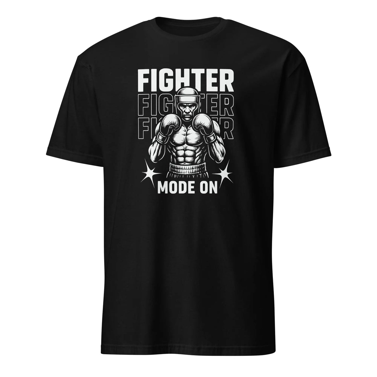 Black t-shirt with a graphic print of a boxer in a fighting stance and the text 'FIGHTER MODE ON'.