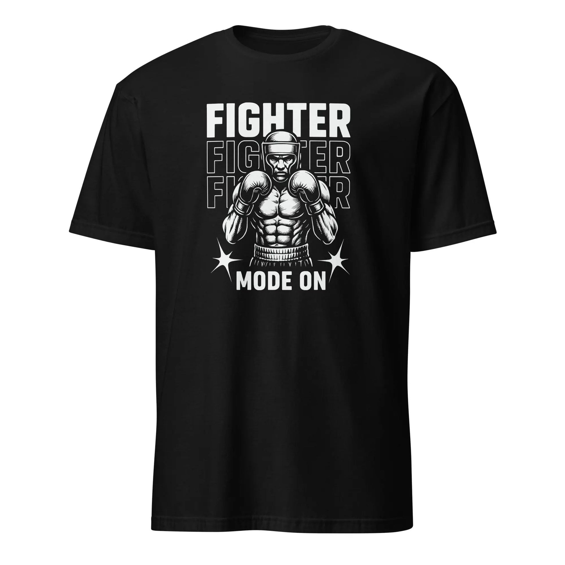 Black t-shirt with a graphic print of a boxer in a fighting stance and the text 'FIGHTER MODE ON'.