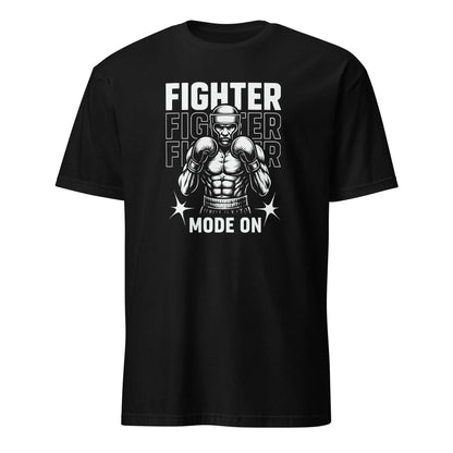 Black t-shirt with a graphic print of a boxer in a fighting stance and the text 'FIGHTER MODE ON'.