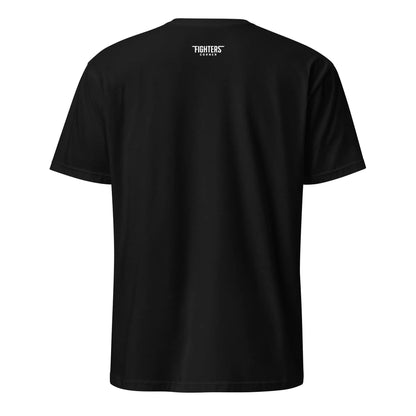 Back view of black unisex t-shirt with small white Fighters Corner logo near the collar on a white background.