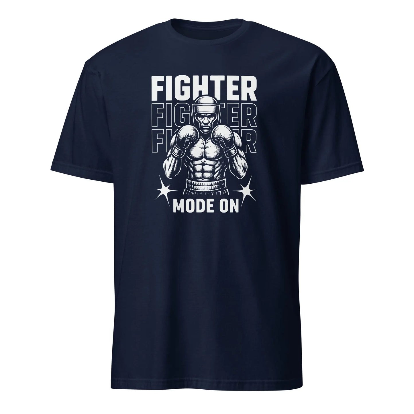 Navy t-shirt with a graphic print of a boxer in a fighting stance and the text 'FIGHTER MODE ON'.