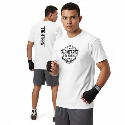 Man wearing a white 'Fighters Corner' t-shirt with branding on a white background
