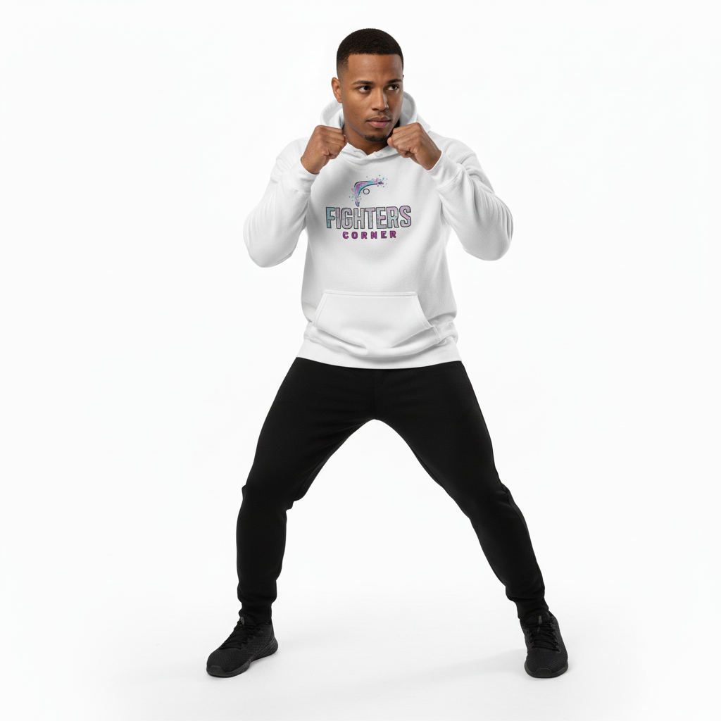 Person wearing a white hoodie with 'Fighters' branding on a white background
