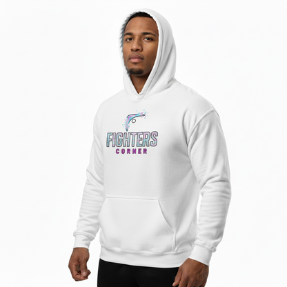 Person wearing a white hoodie with 'Fighters Corner' text on a white background