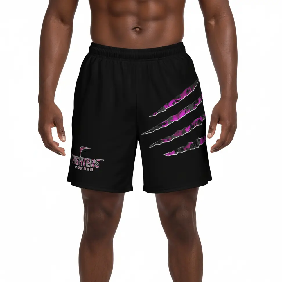 Fighters Corner black boxing shorts front neutral stance mockup with pink graphics and text for boxing gear, fight wear, combat sports and athletic wear