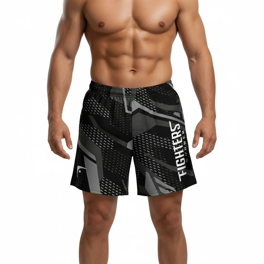 Fighters Corner black athletic boxing shorts front neutral stance mockup with geometric pattern and brand logo for boxing gear, fight wear, combat sports and athletic wear
