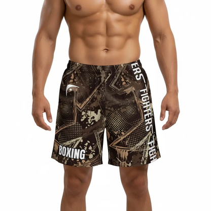 Fighters Corner camo boxing shorts front neutral stance mockup for boxing gear, fight wear, combat sports and athletic wear