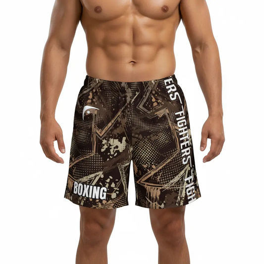 Fighters Corner camo boxing shorts front neutral stance mockup for boxing gear, fight wear, combat sports and athletic wear