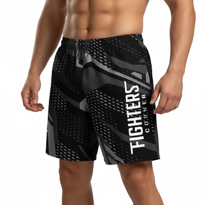 Fighters Corner black athletic boxing shorts front view mockup for boxing gear, fight wear, combat sports and athletic wear