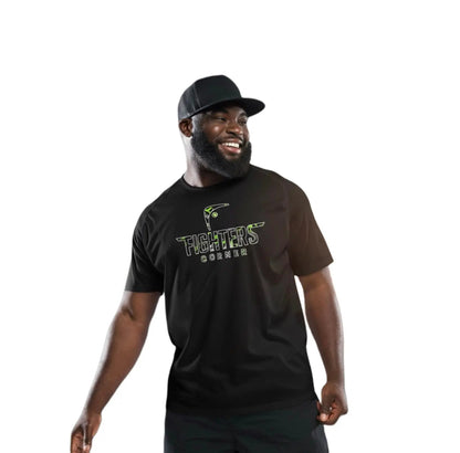 Man wearing a black t-shirt with gren camo 'FIGHTERS CORNER' logo on a white background
