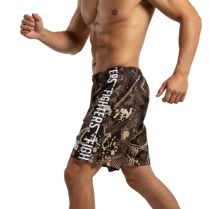 Fighters Corner camo boxing shorts full side view mockup highlighting fit, stretch and leg cut for boxing gear, fight wear, combat sports and athletic wear