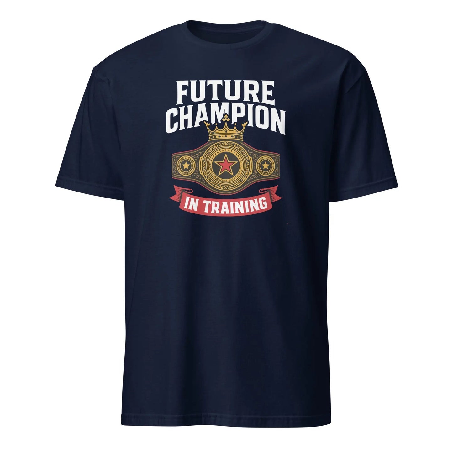 A navy blue crewneck t-shirt with a graphic that reads 'FUTURE CHAMPION IN TRAINING' along with a championship belt design.