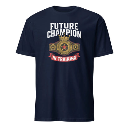 A navy blue crewneck t-shirt with a graphic that reads 'FUTURE CHAMPION IN TRAINING' along with a championship belt design.