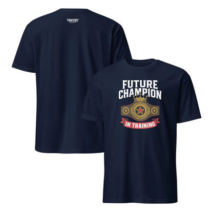 A navy blue t-shirt with the text 'FUTURE CHAMPION IN TRAINING' printed on the front, featuring a boxing belt graphic.
