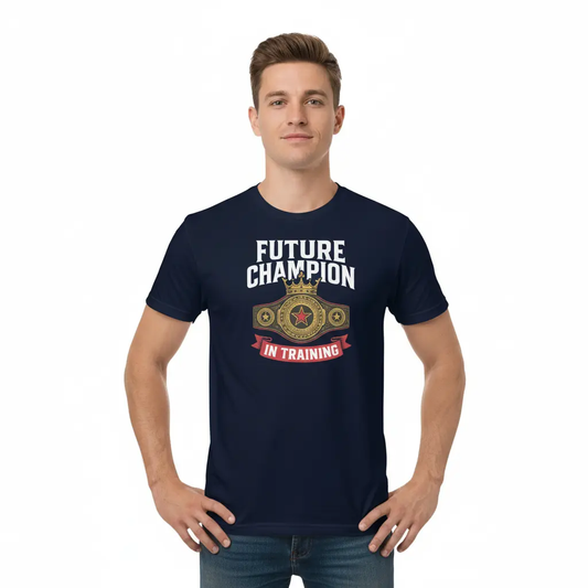 Fighters Corner boxing apparel - man with hands on hips wearing navy blue t-shirt with Future Champion In Training text and graphic - athletic wear and combat sports fight wear