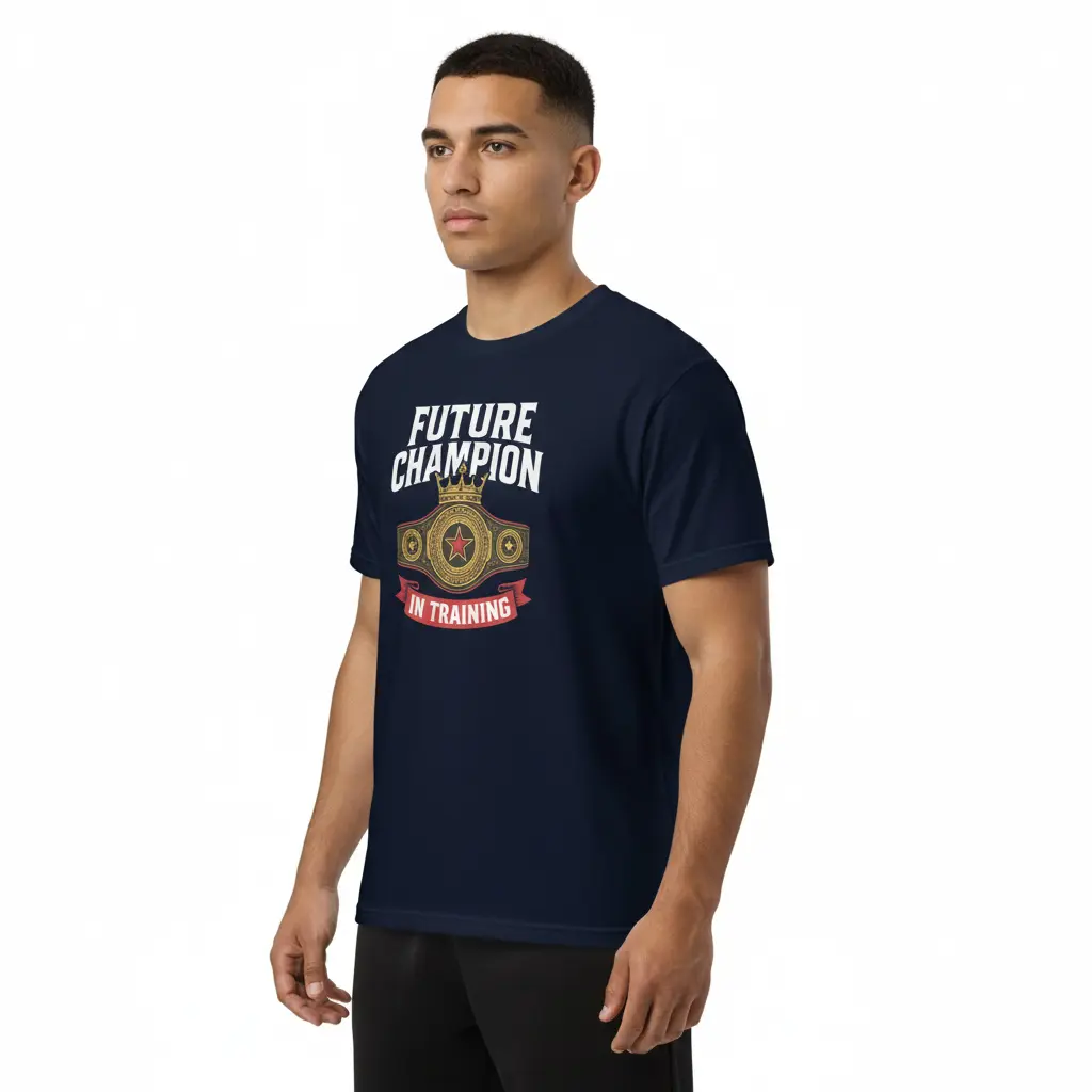 Fighters Corner boxing apparel - man in quarter turn pose wearing navy blue t-shirt with Future Champion In Training text and graphic - athletic wear and combat sports fight wear
