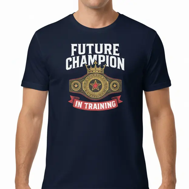 Man wearing a navy blue t-shirt with 'Future Champion In Training' text and graphic on a white background