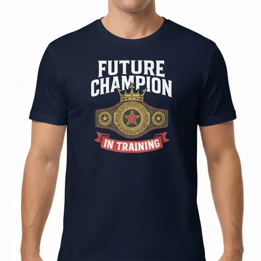 Man wearing a navy blue t-shirt with 'Future Champion In Training' text and graphic on a white background