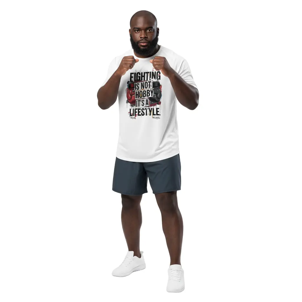 Man wearing a white t-shirt with a boxing motivational quote and dark shorts on a white background