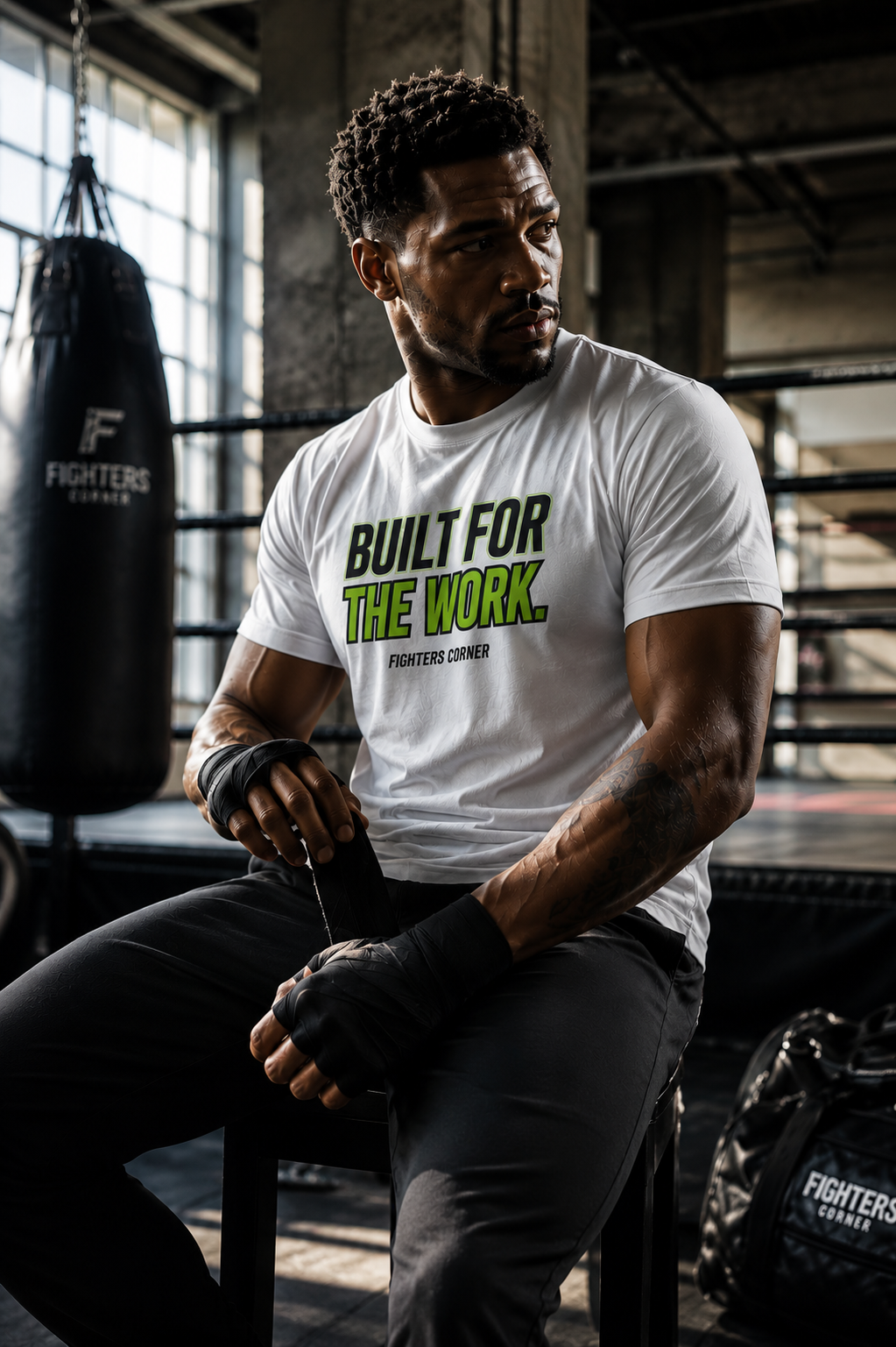 Fighters Corner athlete wearing fight culture apparel in a boxing gym