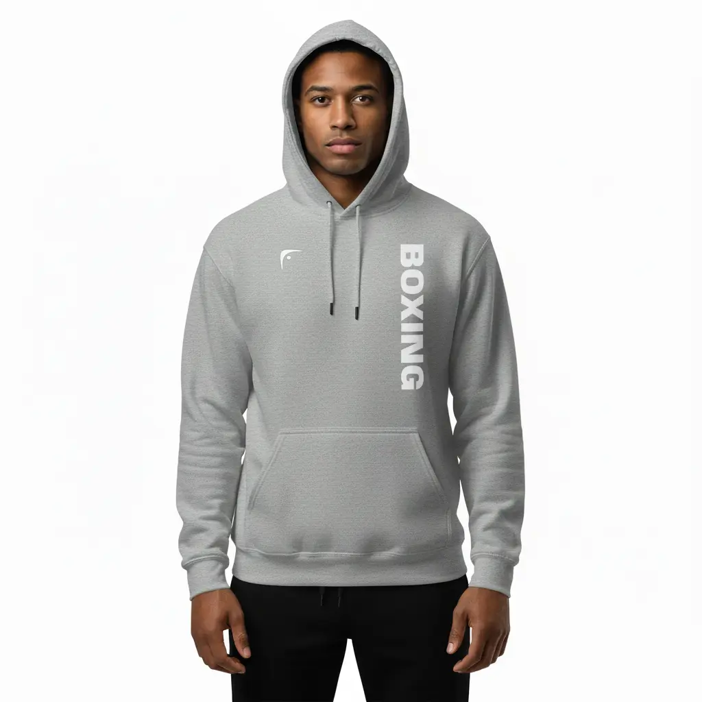 Fighters Corner gray boxing hoodie front neutral mockup - premium combat sports hooded sweatshirt for fight training and athletic wear