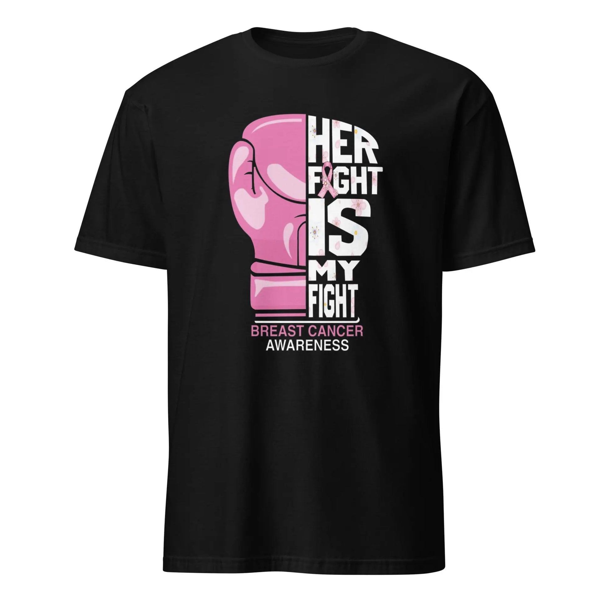 Black unisex t-shirt with a graphic of a pink boxing glove and the text 'Her Fight Is My Fight' along with the logo 'Fighters Corner'.