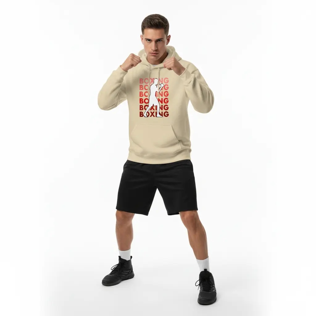 Fighters Corner beige boxing hoodie mockup in dynamic action pose with boxing-themed design and black shorts on white background