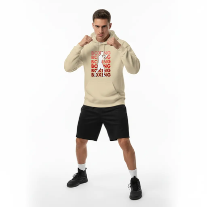 Fighters Corner beige boxing hoodie mockup in dynamic action pose with boxing-themed design and black shorts on white background