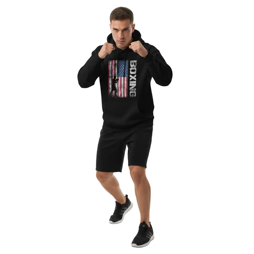 Fighters Corner black boxing hoodie dynamic action pose mockup with US flag graphic - premium combat sports athletic wear for fight training