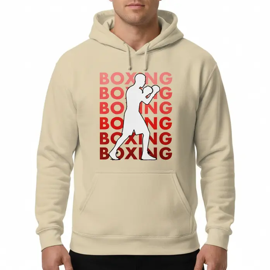 Fighters Corner beige boxing hoodie mockup front athletic pose with boxing graphic and text on white background