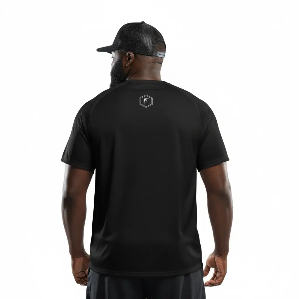 back view of a black male wearing a black t-shirt with a logo on the back against a white background