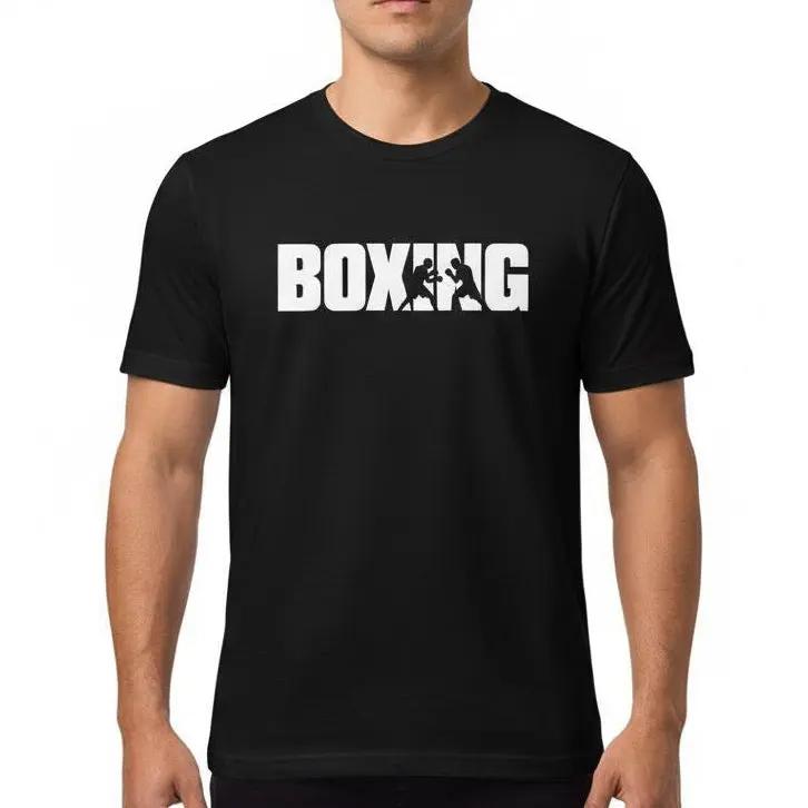 Man wearing a black t-shirt with 'BOXING' printed on it against a white background