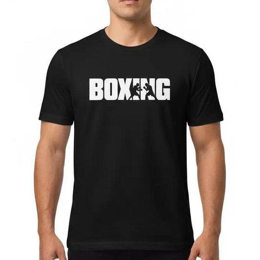 Man wearing a black t-shirt with 'BOXING' printed on it against a white background