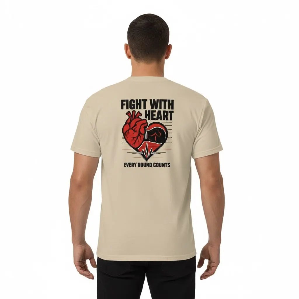 Back view of man wearing beige t-shirt with bold graphic and text by Fighters Corner.