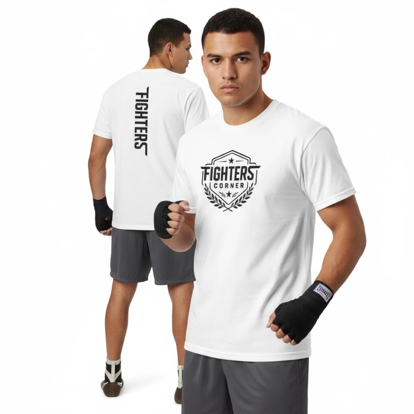 Man wearing a white 'Fighters Corner' t-shirt with branding on a white background