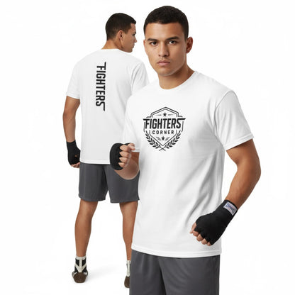 Man wearing a white 'Fighters Corner' t-shirt with branding on a white background