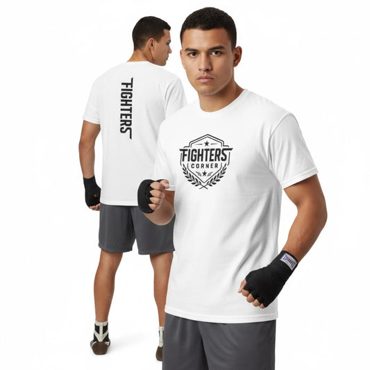 Man wearing a white 'Fighters Corner' t-shirt with branding on a white background