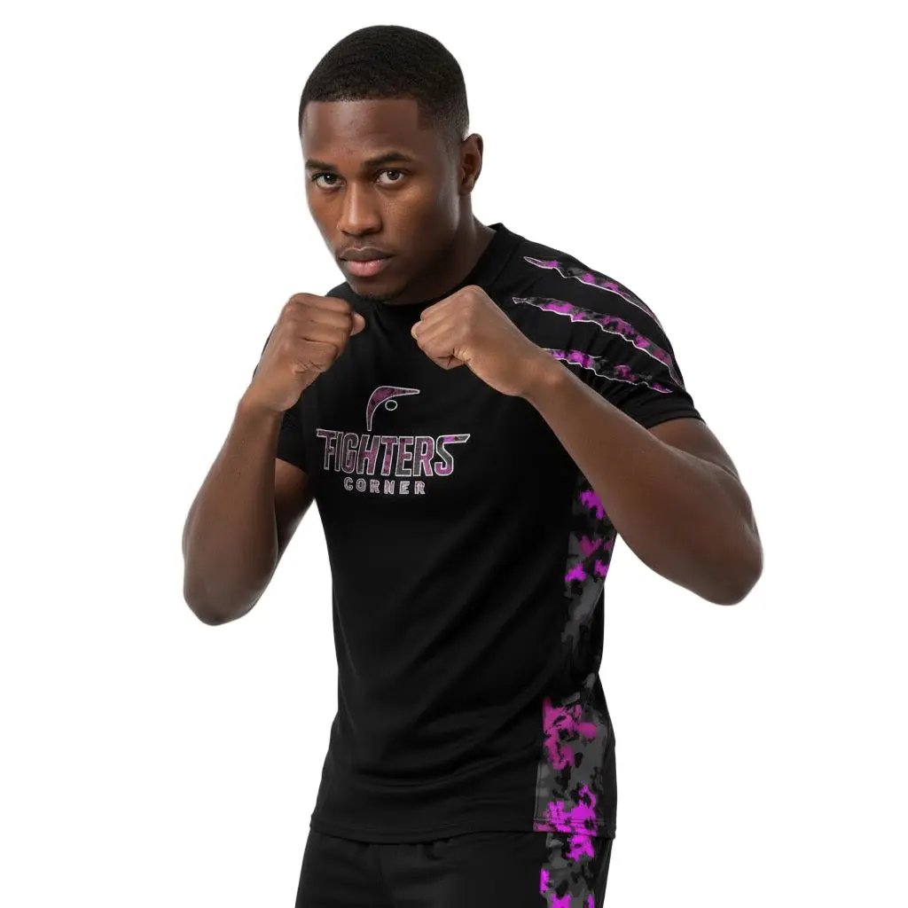 Person wearing a black 'Fighters Corner' t-shirt with pink and purple designs on a white background