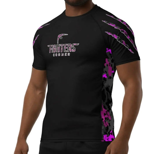 Front view of Midnight Rush boxing compression shirt with black body and pink claw slash designs and Fighters Corner logo