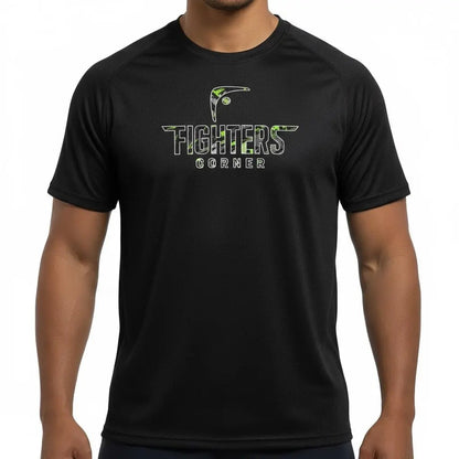 Front view of black Fighters Corner T-shirt with green logo on chest