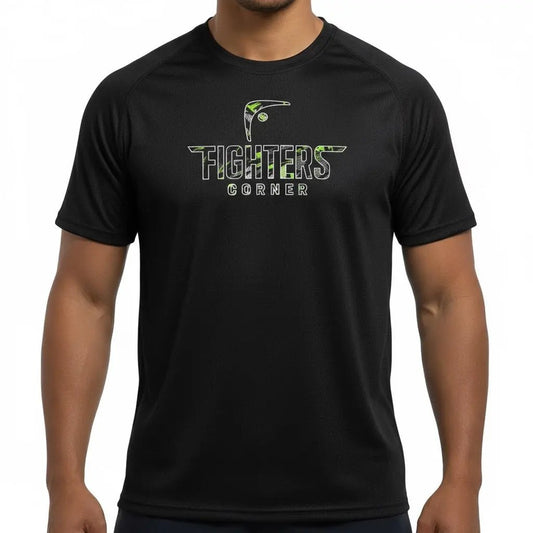 Front view of black Fighters Corner T-shirt with green logo on chest