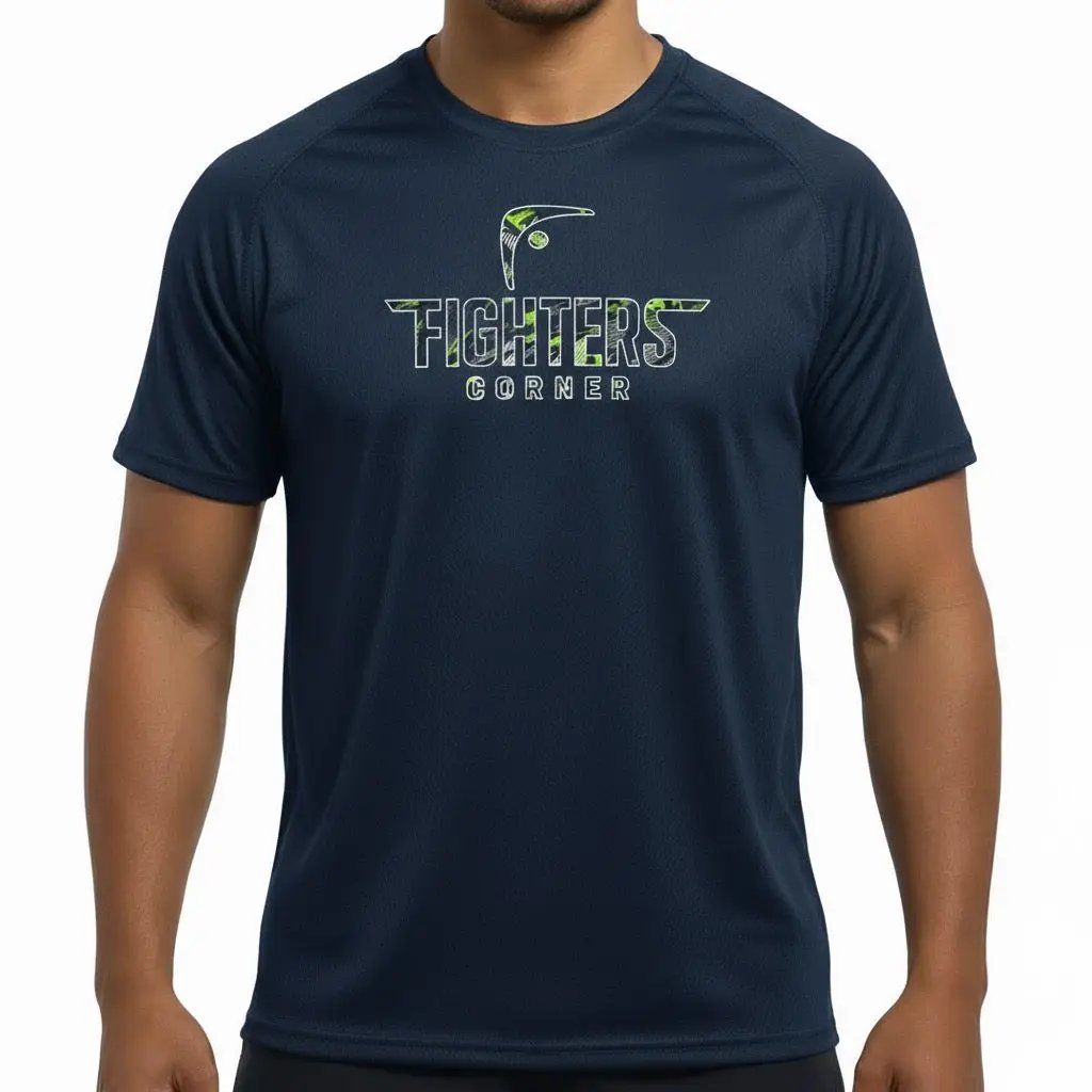Front view of navy blue Fighters Corner T-shirt with neon green logo on chest