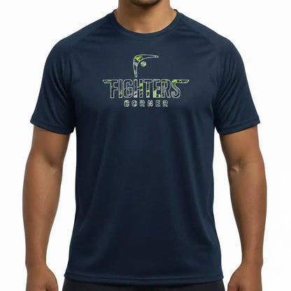 Front view of navy blue Fighters Corner T-shirt with neon green logo on chest