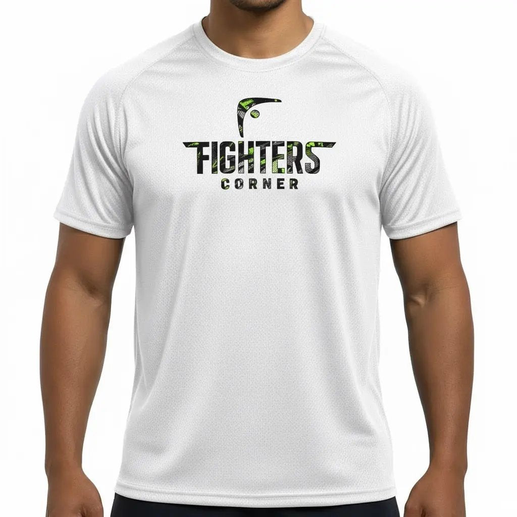 Front view of white Fighters Corner T-shirt with green camo logo on chest