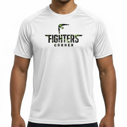 Front view of white Fighters Corner T-shirt with green camo logo on chest