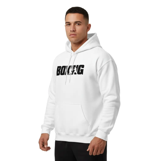 Fighters Corner white boxing hoodie 3/4 flexed angle mockup - premium combat sports hooded sweatshirt for fight training and athletic wear