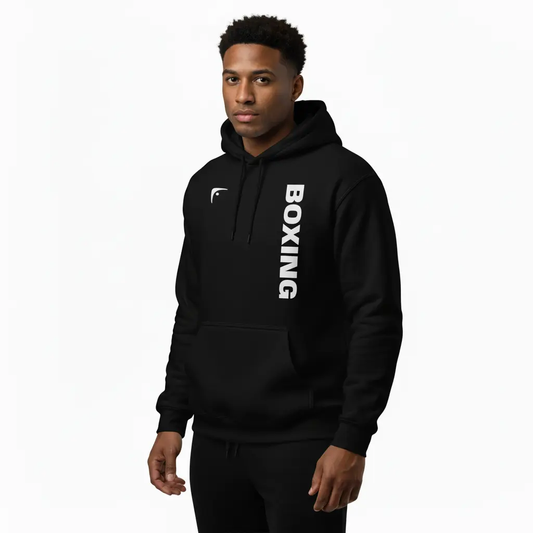 Fighters Corner black boxing hoodie 3/4 front hood down mockup - premium combat sports hooded sweatshirt for fight training and athletic wear