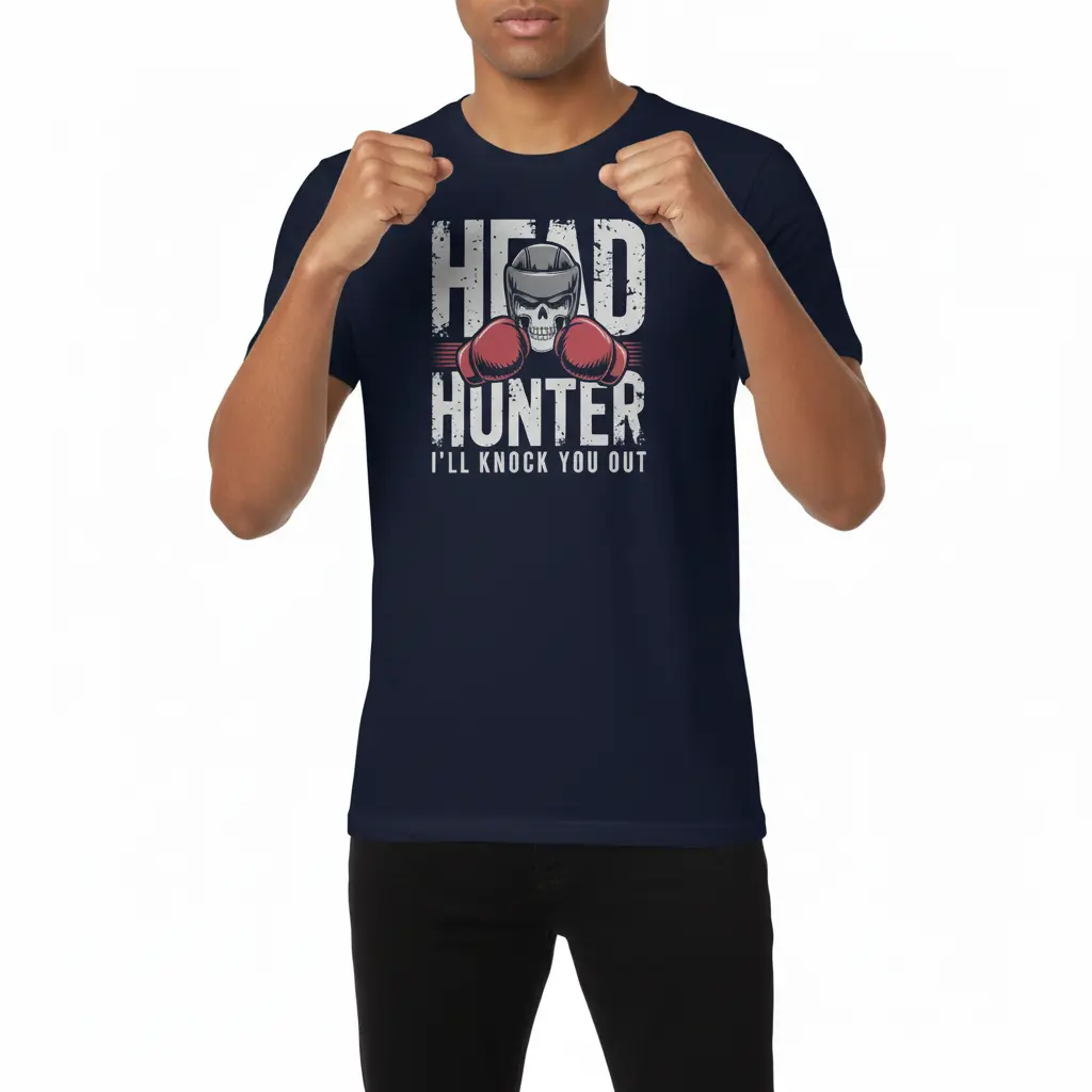 Fighters Corner boxing apparel - man in athletic stance wearing navy blue athletic t-shirt with HEAD HUNTER I'll Knock You Out graphic - combat sports fight wear and boxing gear