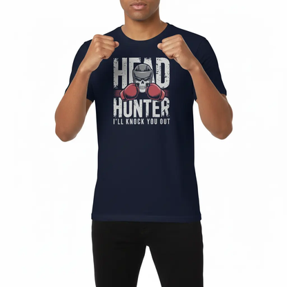 Fighters Corner boxing apparel - man in athletic stance wearing navy blue athletic t-shirt with HEAD HUNTER I'll Knock You Out graphic - combat sports fight wear and boxing gear